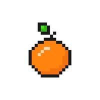 Ripe pixelated orange with leaf. Juicy tropical fruit with sweet pulp for desserts and vector juice