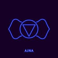 Neon chakra ajna third eye. Luminous blue symbol of subtle penetrating mind and acquisition of supernatural powers. Bhrumadhya to enter unborn divine vector principle