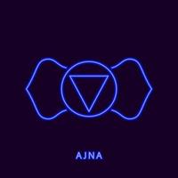 Neon chakra ajna third eye. Luminous blue symbol of subtle penetrating mind and acquisition of supernatural powers. Bhrumadhya to enter unborn divine vector principle