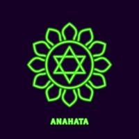 Luminous green chakra anahata. Neon symbol of clairvoyant and immortal lord of speech with 12 petals. Radiant banalingam hriday with senses under vector control