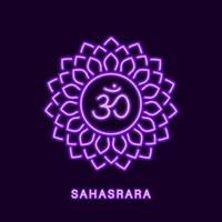 Purple glowing sahasrara chakra. Neon symbol of thousand petals amrita. Transcendental akasha with mind control and vector consciousness