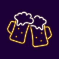 Two clinking neon beer mugs. Glowing yellow cup with refreshing drink with bubbles and white foam. Electric beer pub emblem for colorful vector design