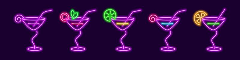 Purple cocktails in neon martini glasses with curved stem. Knickerborker with lime wedge and manhattan with lemon. Trendy glowing margarita with shades of rich vector blue lagoon.