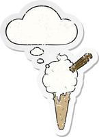 cartoon ice cream and thought bubble as a distressed worn sticker vector