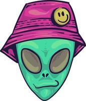 ilustración dibujos animados aislados cabeza alienígena dibujada a mano con sombrero de cubo cara sonriente pin botón insignia y escalofrío vector