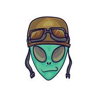 Illustration Isolated Cartoon Hand Drawn Alien Head Wearing Biker Helmet And Glasses vector