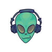 Illustration Isolated Cartoon Hand Drawn Alien Head Wearing Headphone Listen To Music And Chill vector