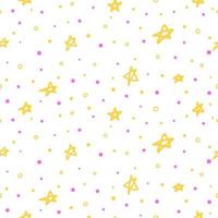 White seamless pattern with doodle yellow abstract stars and dots. vector