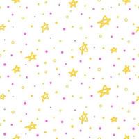 White seamless pattern with doodle yellow abstract stars and dots. vector