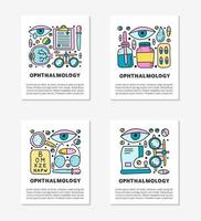 Cards with doodle colored ophthalmology icons including runny eye, pipette bottle, cornea, blank clipboard, lens case, glasses, autorefractometer, etc isolated on grey background.