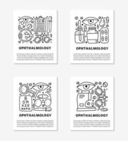 Cards with doodle outline ophthalmology icons including runny eye, pipette bottle, cornea, blank clipboard, lens case, glasses, autorefractometer, etc isolated on grey background. vector