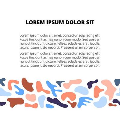 White background with doodle liquid shapes in blue, pink, brown colors and text template.