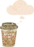 cartoon take out coffee and thought bubble in retro textured style vector
