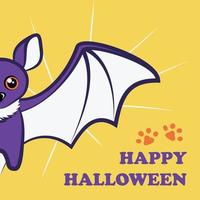 Halloween Minimalist Card with Cute Bat and Cracks on Yellow Background vector