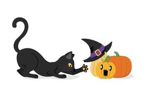 Cute Black Cat with Yellow Eyes Playing with Funny Pumpkins in Stalking Pose vector