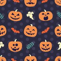 Halloween Seamless Pattern with Funny Orange Pumpkins, Ghost and Leaves on Polka Dots Background vector