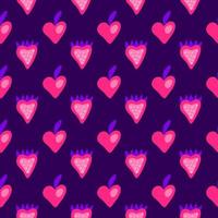 Cute colorful seamless pattern with doodle heart shaped strawberries and peaches. vector