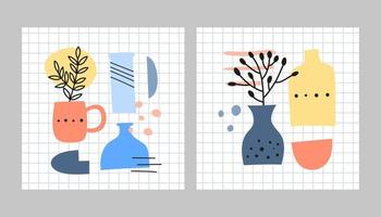 Abstract cards or poster templates with spots, dots, vases, leafy twigs, herbs isolated on graph paper background. Simple trendy minimalist style. vector