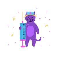 lindo garabato pequeño personaje de gato doctor violeta con jeringa grande aislado sobre fondo blanco. vector