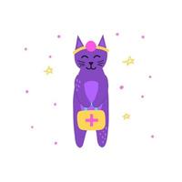 lindo personaje de gato doctor violeta garabato con botiquín de primeros auxilios aislado sobre fondo blanco. vector