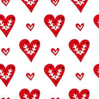 White seamless pattern with doodle red hearts and Nordic ornament in Scandinavian folk art style. vector