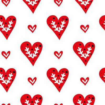 White seamless pattern with doodle red hearts and Nordic ornament in Scandinavian folk art style.