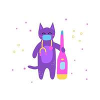 lindo garabato pequeño personaje de gato doctor violeta con termómetro grande aislado sobre fondo blanco. vector