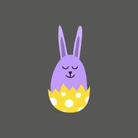 Cute poster with doodle colorful bunny in egg shell on chalkboard background. vector