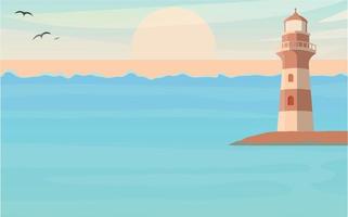 Lighthouse by the sea. Seascape, signal building by the sea. Coast landscape with lighthouse. Vector illustration