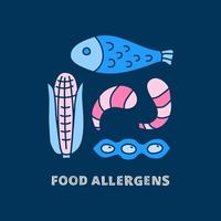 grupo de íconos de alérgenos alimentarios coloridos de garabatos que incluyen pescado, camarones, maíz, legumbres y letras.