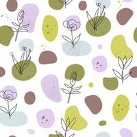 Contemporary seamless pattern with abstract spots, dots, one line flowers. Simple trendy minimalist background. vector