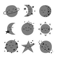 Set of cute doodle smile celestial characters including sun, moon, planet, star in Scandinavian style isolated on white background. vector