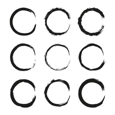 Set of hand drawn black grunge painted round frames isolated on white background.