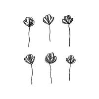 Black grunge sketched flowers isolated on white background. vector