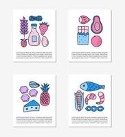Cards with doodle colored food allergens icons including fish, seafoods, cheese, milk, wheat, eggs, citrus, honey, chocolate, fruits. Space for text. vector