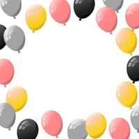 White background with frame of flat helium balloons in golden, silver, pink, black colors. vector