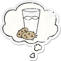 galletas de dibujos animados y leche y burbuja de pensamiento como una pegatina gastada angustiada vector