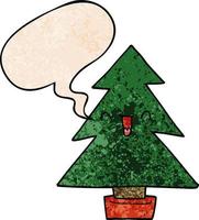 árbol de navidad de dibujos animados y burbuja del habla en estilo de textura retro vector