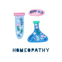 Colorful scandinavian doodle flask, test tube, medical pill with floral ornaments, flowers, leaves, herbs isolated on white background. Alternative medicine and homeopathy. vector