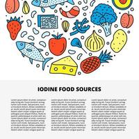 Article template with space for text and doodle colored iodine food sources including cod fish, milk, seaweed, strawberry, broccoli, cheese, onion, potato, peach, beans isolated on white background. vector