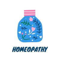 Colorful scandinavian doodle medical bottle with floral ornament, flowers, leaves, herbs isolated on white background. Perfect for posters, cards, banners, prints. Alternative medicine and homeopathy. vector