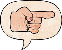 cartoon pointing hand and speech bubble in retro texture style
