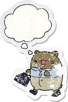 cute cartoon business bear and thought bubble as a distressed worn sticker vector