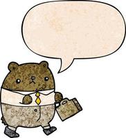 cartoon bear in work clothes and speech bubble in retro texture style vector
