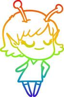 rainbow gradient line drawing smiling alien girl cartoon vector