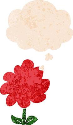 cartoon flower and thought bubble in retro textured style