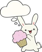 lindo conejo de dibujos animados con muffin y burbuja de pensamiento vector