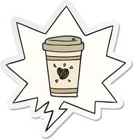 cartoon cup of takeout coffee and speech bubble sticker vector