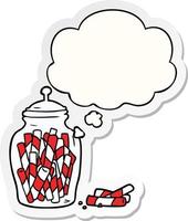 cartoon jar of candy and thought bubble as a printed sticker vector