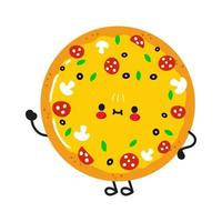 lindo y divertido personaje de mano que agita la pizza. icono de ilustración de personaje kawaii de dibujos animados dibujados a mano vectorial. aislado sobre fondo blanco. concepto de personaje de pizza vector